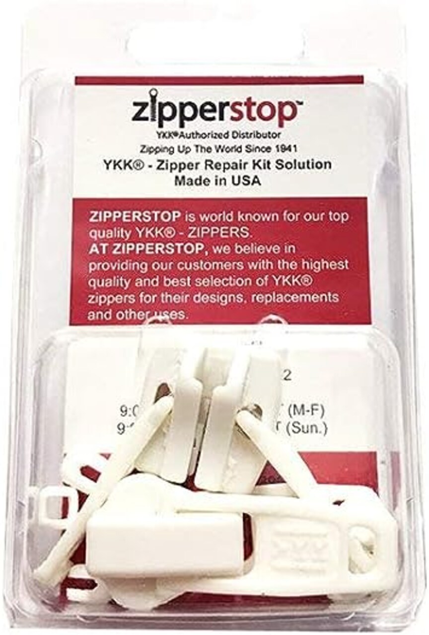 YKK Zipper Repair Kit Solution Vislon #10 Slider/Pull Type Plastic -Top  Stoppers (Made in USA) in Clamshell Box w/Hanger (Non Lock Double Pulls,  White 2 Pulls-top-stoppers)